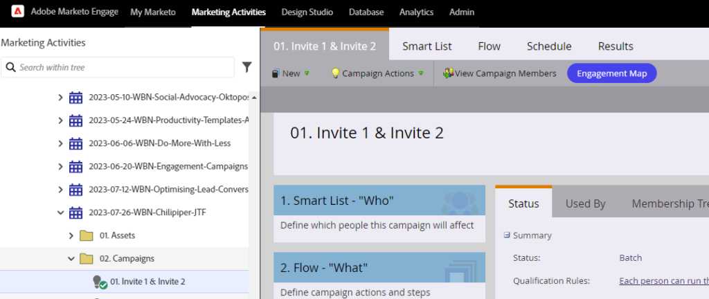 A screenshot of Marketo Engage, showing an open Smart Campaign. In the top navigation bar of the Smart Campaign, there is a blue button containing the text 'Engagement Map. Clicking on this button will take you to Marketo's new Engagement Map view for a given Smart Campaign.