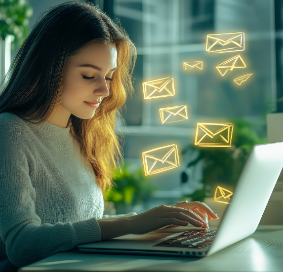 A woman sitting at a laptop sending emails, representing Send Time Personalization for optimized email marketing and improved engagement.